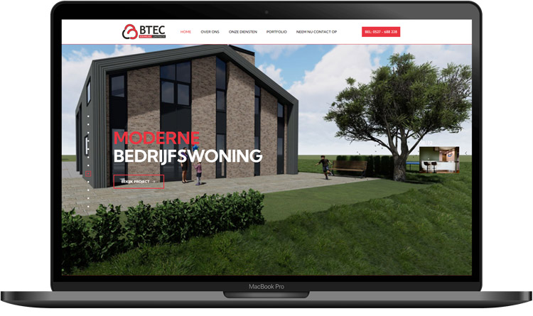 Website van Btec op een laptop
