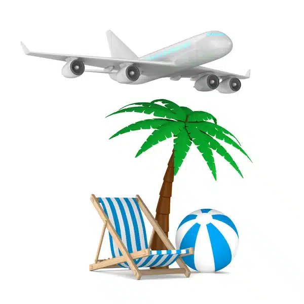 strandstoel palmboom en strandbal en een vliegtuig erboven