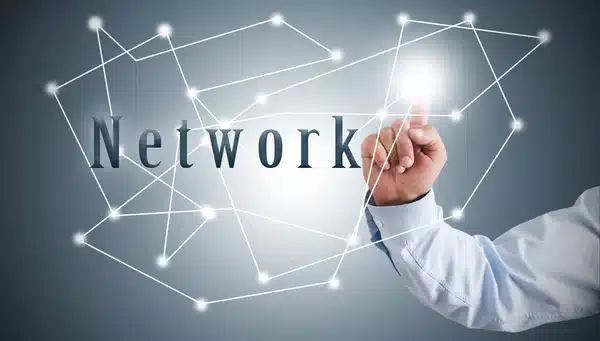 Businessman presses finger structure network