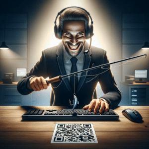 Man achter computer met vishengel